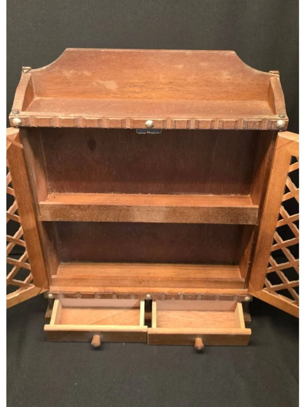 Vintage Wooden Wall Mount Spice Rack Lattice Doors Mini Drawers Retro Kitchen